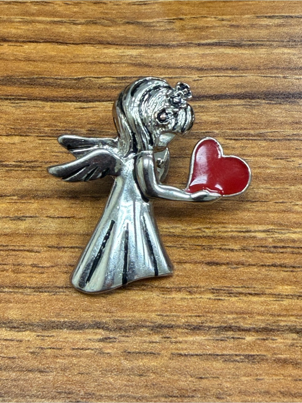 Silver Angel Pin Holding Red Heart
